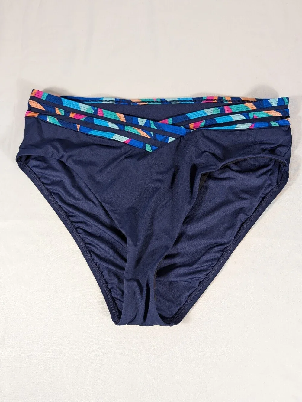 New La Blanca High Waisted Navy Bikini Bottom & Tropical Color Waistband Size 14
